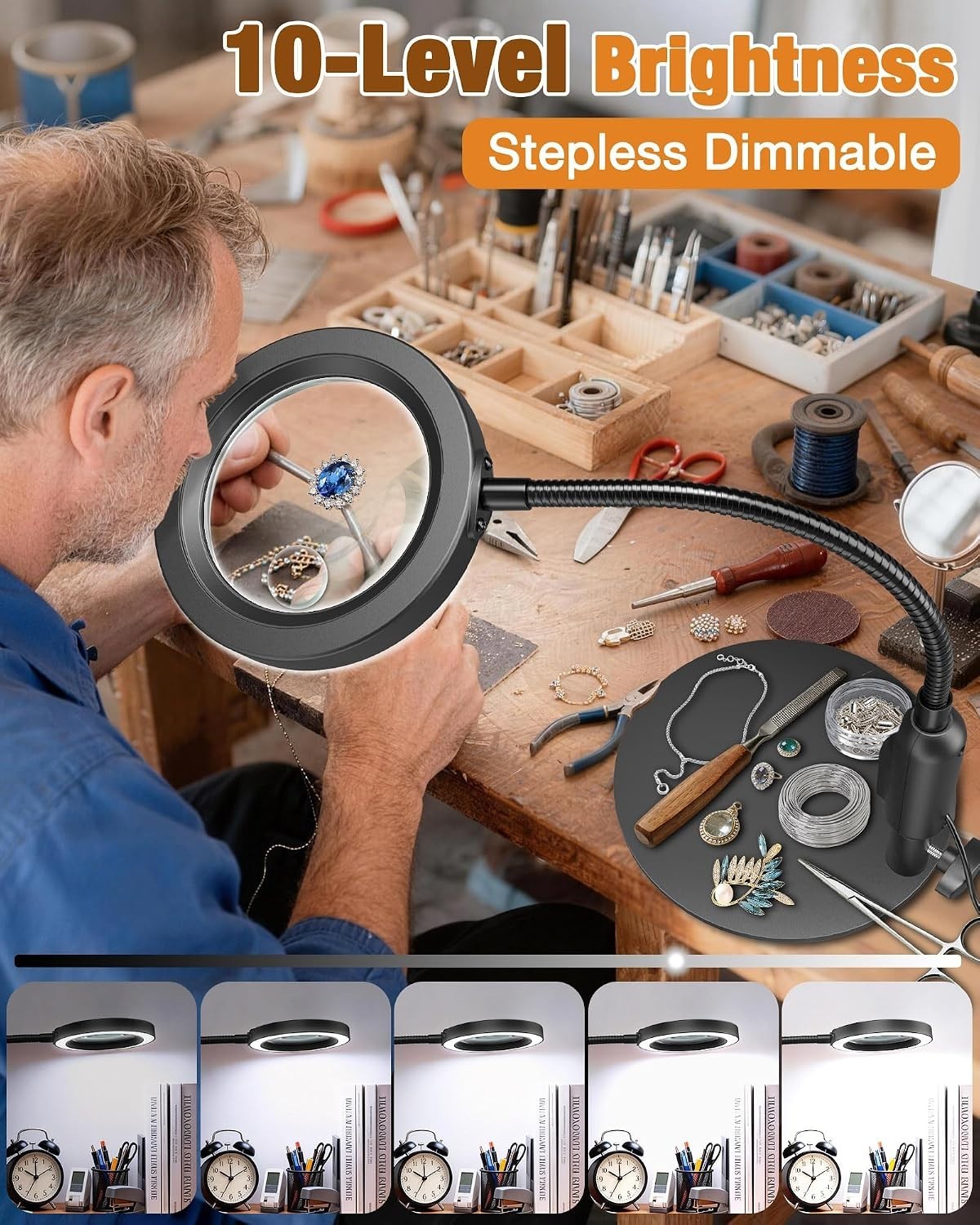 30X 10X Magnifying Glass with Light and Stand, 5 Color Modes Stepless Dimmable,