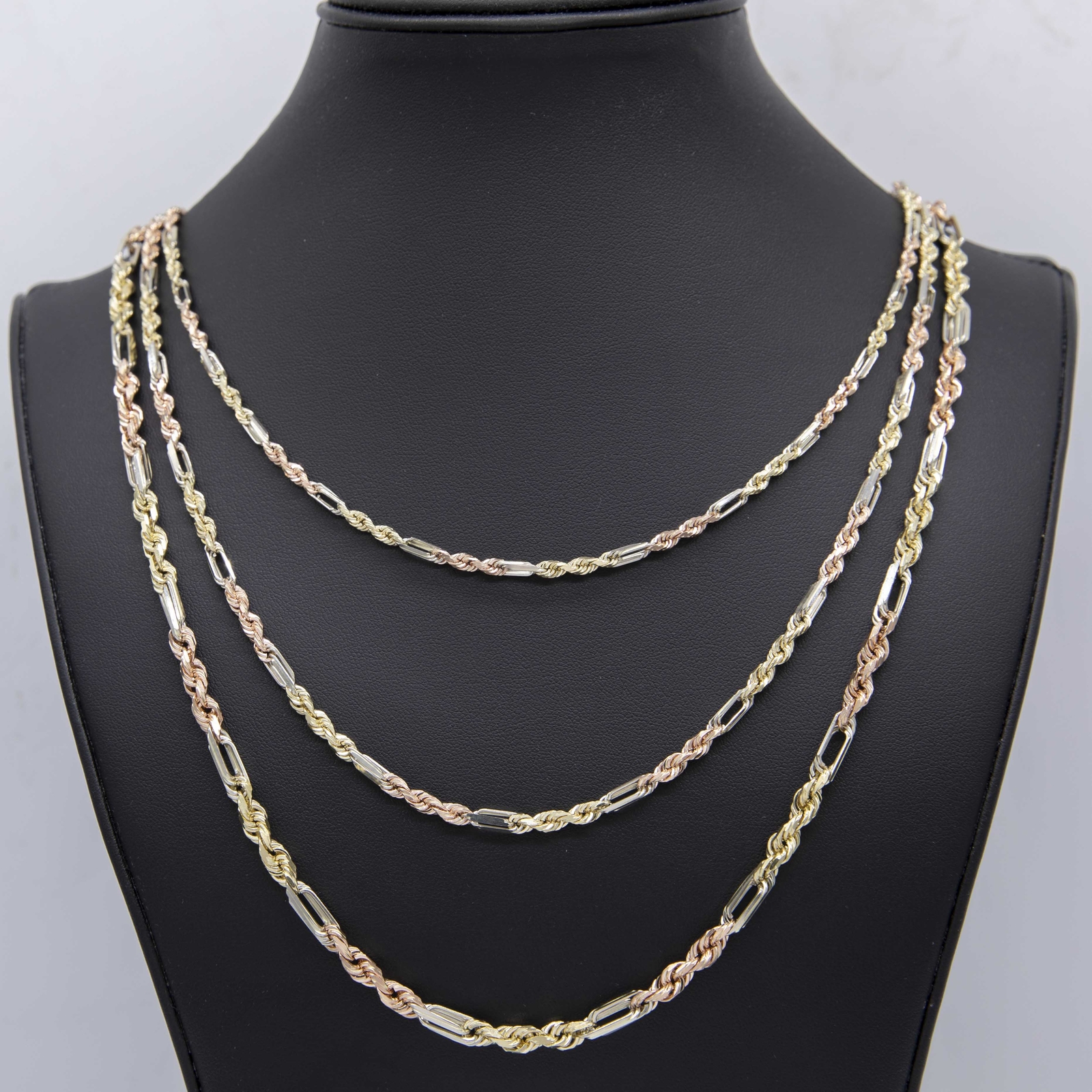 Milano Figaro Rope Chain Necklace Real 14K Tricolor Gold All Sizes