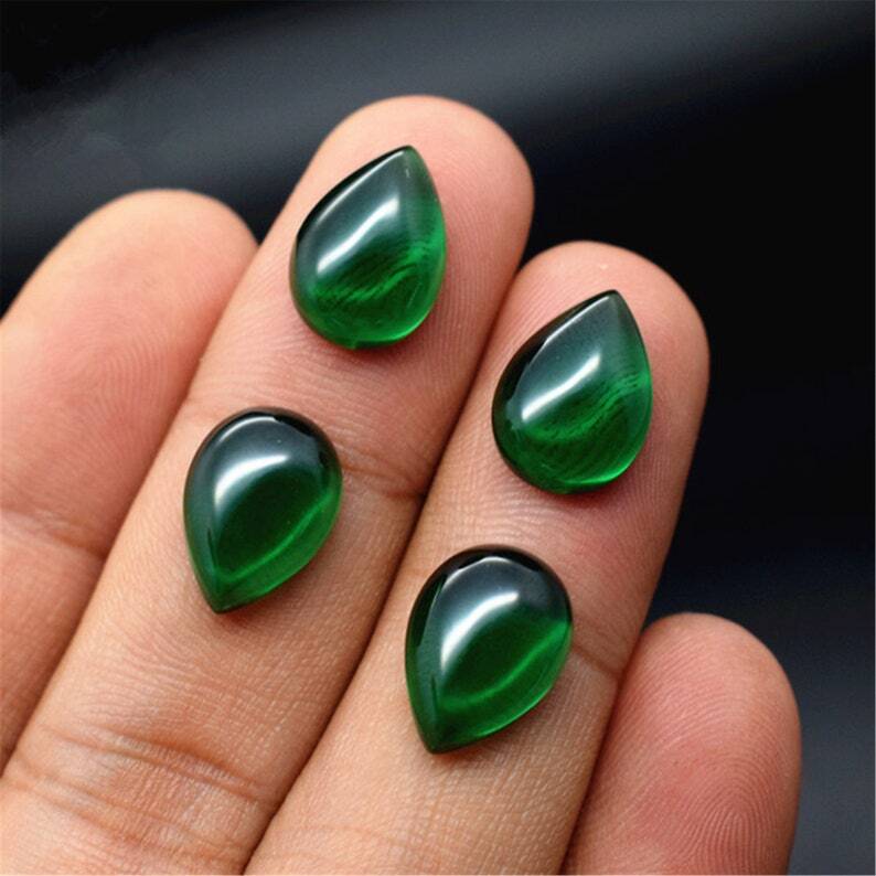 AAA Green Emerald Pear Flat Back Cabochon Synthetic Loose Gemstone Calibrated