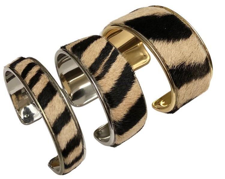 GENUINE ZEBRA HIDE CHANNEL CUFF BRACELET BANGLE – 3 Widths – Gold or Silver NEW