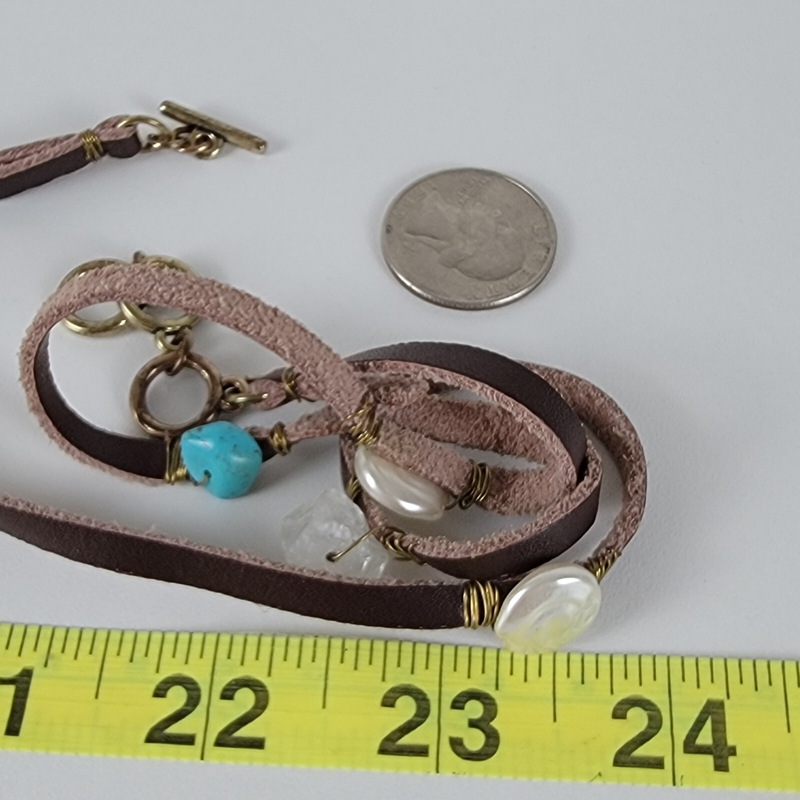 Artisan Handmade Turquoise And Pearl Leather Cord Wrap Bracelet 22.5 In Toggle