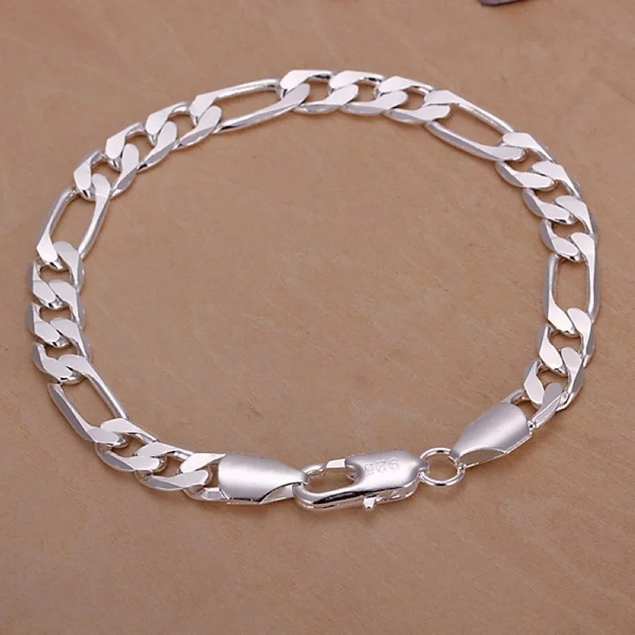 925 Sterling Silver Figaro Chain Bracelet 6-8mm Unisex Wedding Jewelry 20cm