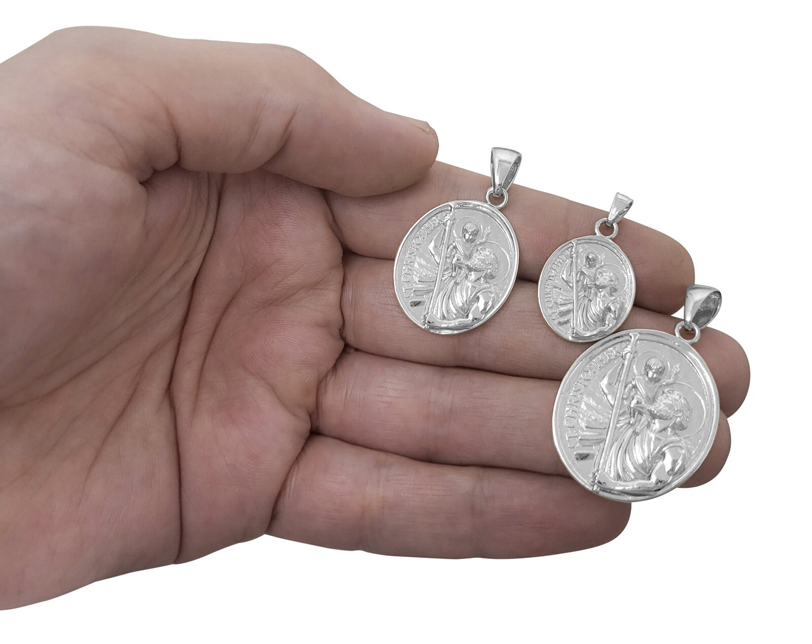Real 18K White Gold Saint Christopher Pendant, Patron Saint Protective Medallion