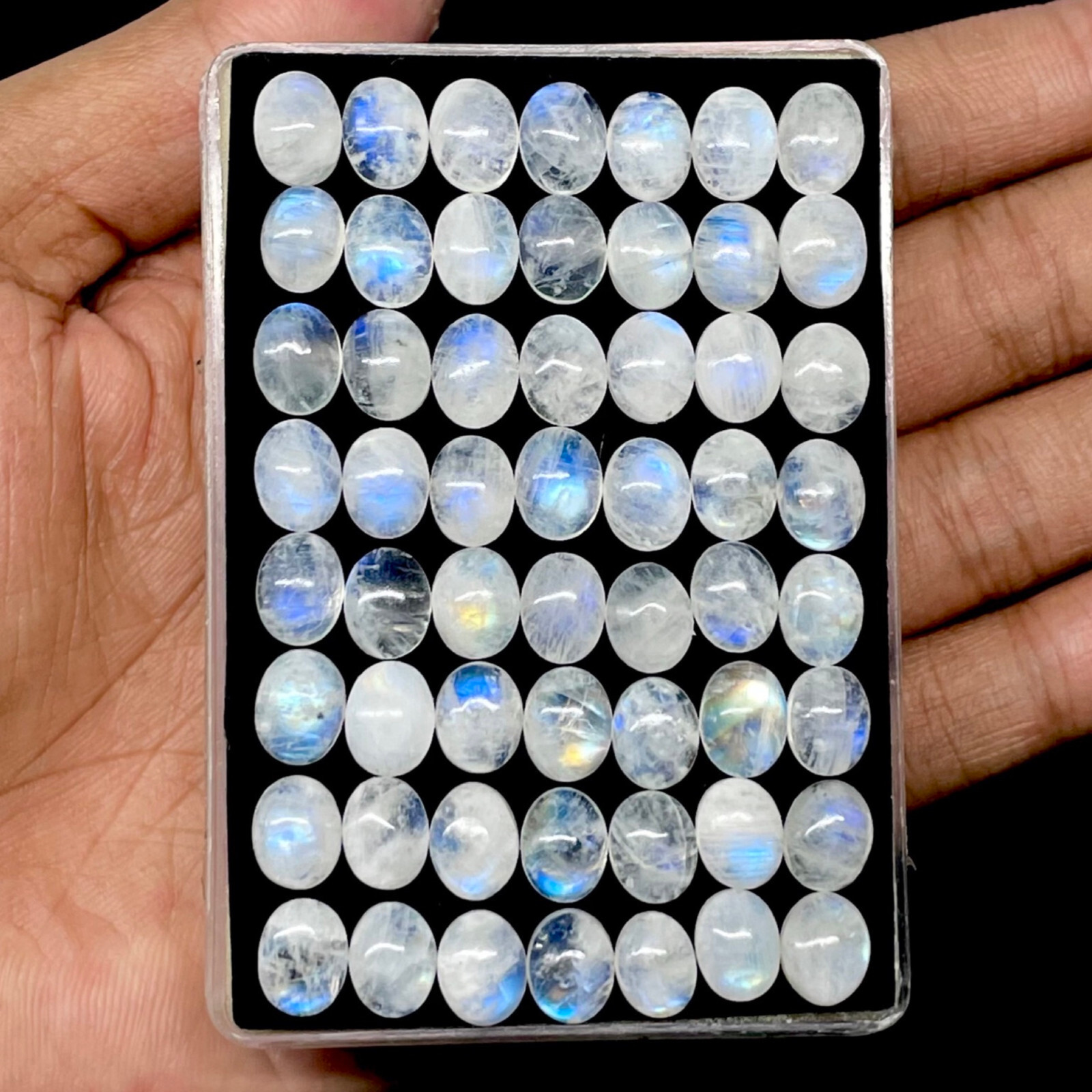 50 Pcs Natural Rainbow Moonstone 9x7mm Oval Blue Shines Cabochon Gemstones Lot