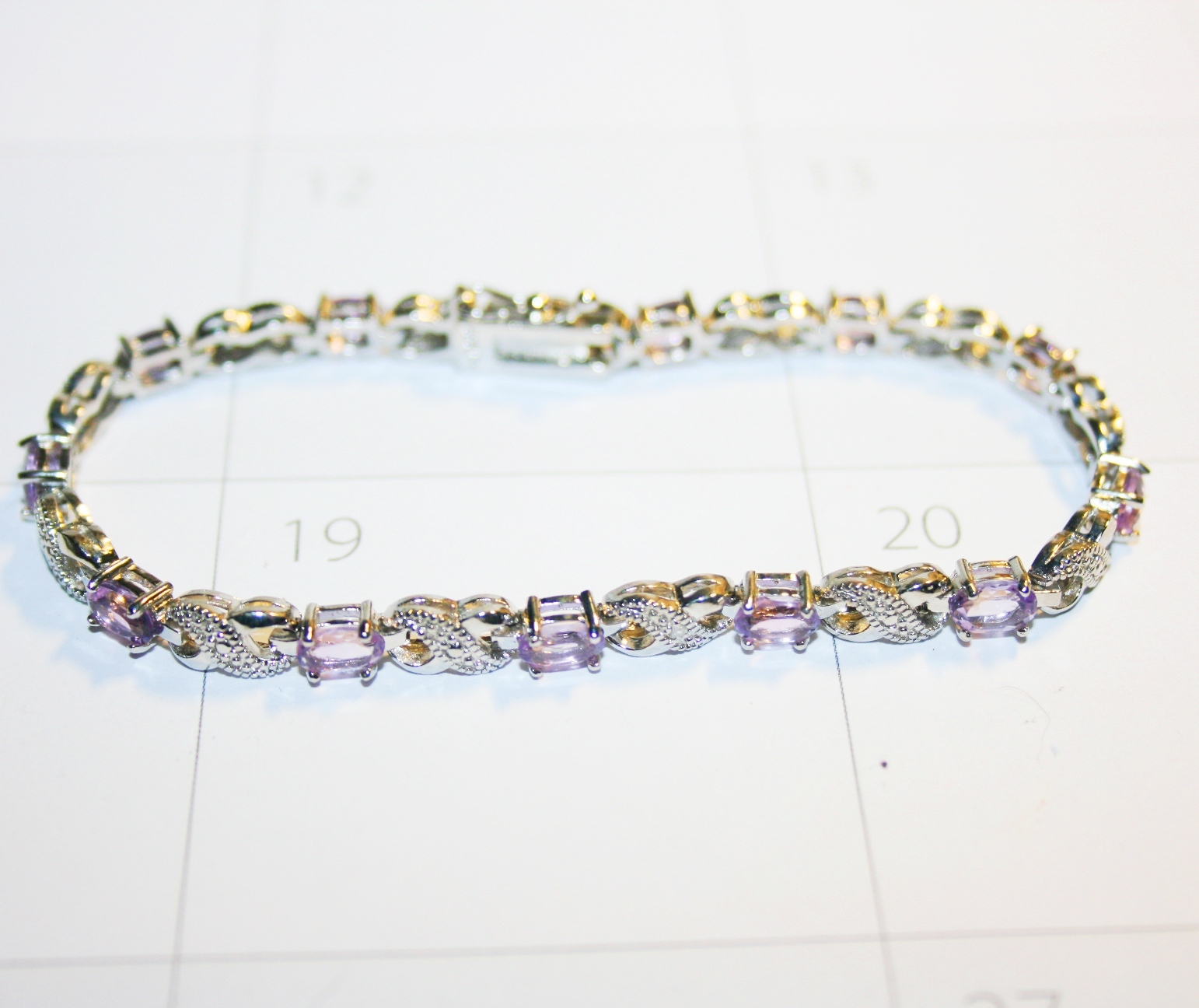 Purple Amethyst Tiny Diamond XO Tennis Bracelet 14k White Gold over Base 7.5 In