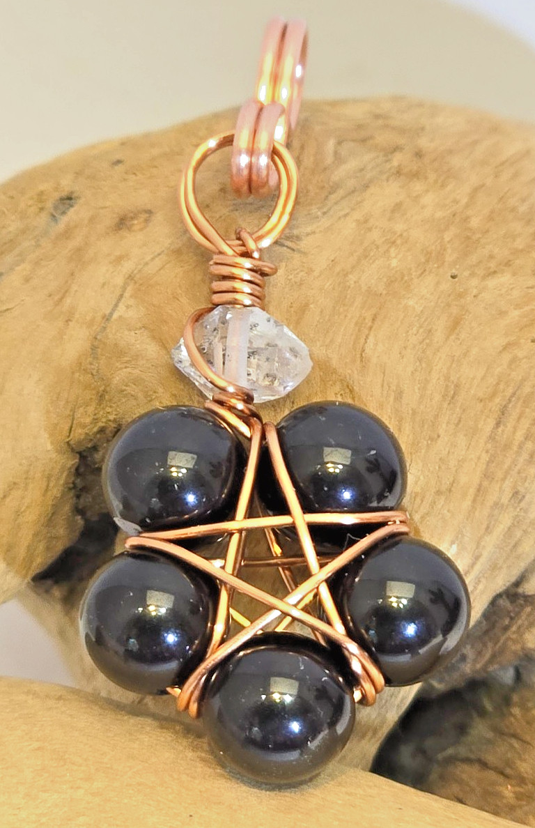 Copper Wire Wrapped 5-Point Star Pendant w/ Black Tourmaline & Herkimer Diamond