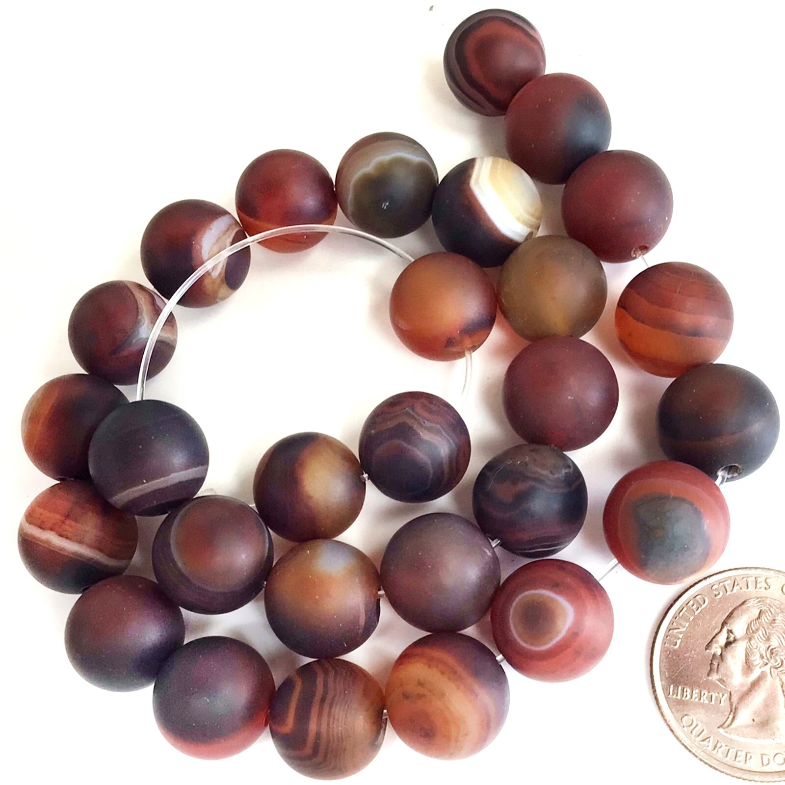 Matte Agate Brown Red Banded Lace Round Loose Beads 15″ 14mm Frost Semi Precious
