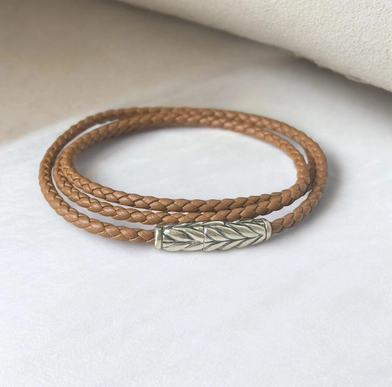 David Yurman Sterling Silver Triple Wrap Brown Chevron Leather Bracelet