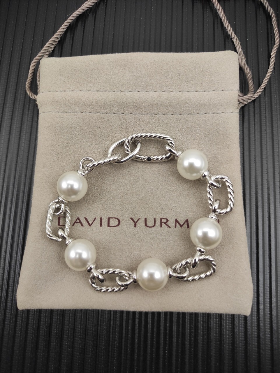 David Yurman Oval Link Cable Pearl Bracelet White Pearls 925 Silver SZ 7.-8IN