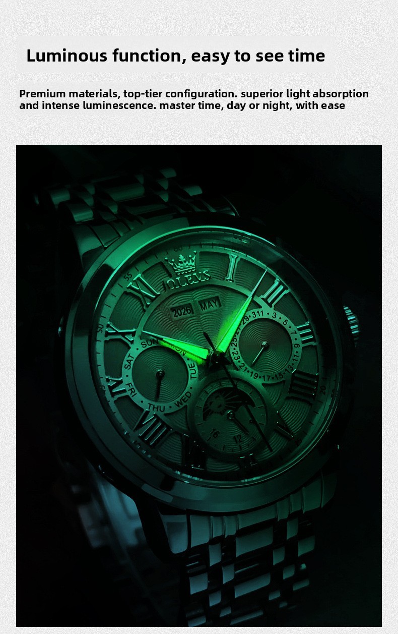 OLEVS Moon Phase Automatic Mechanical Men Watch Self-wind Skeleton Leather Band
