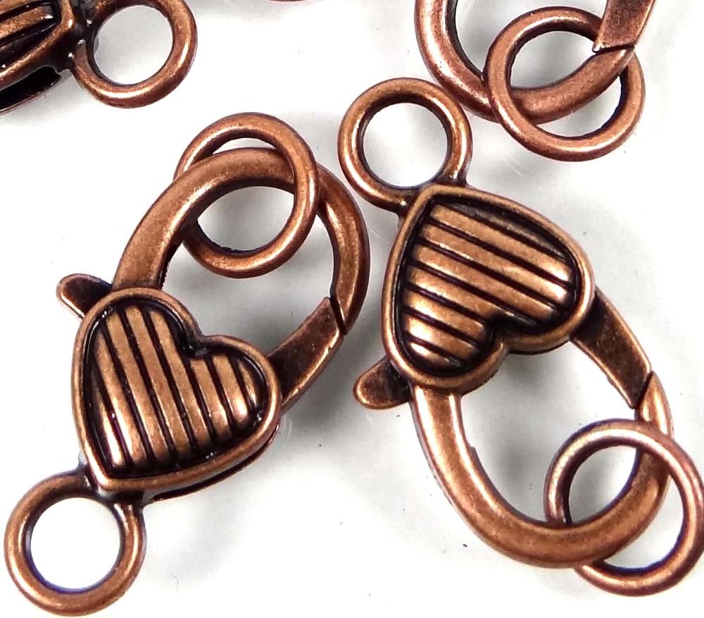 27x13mm Large Antique Copper Pewter Striped Heart Lobster Claw Clasps (4)