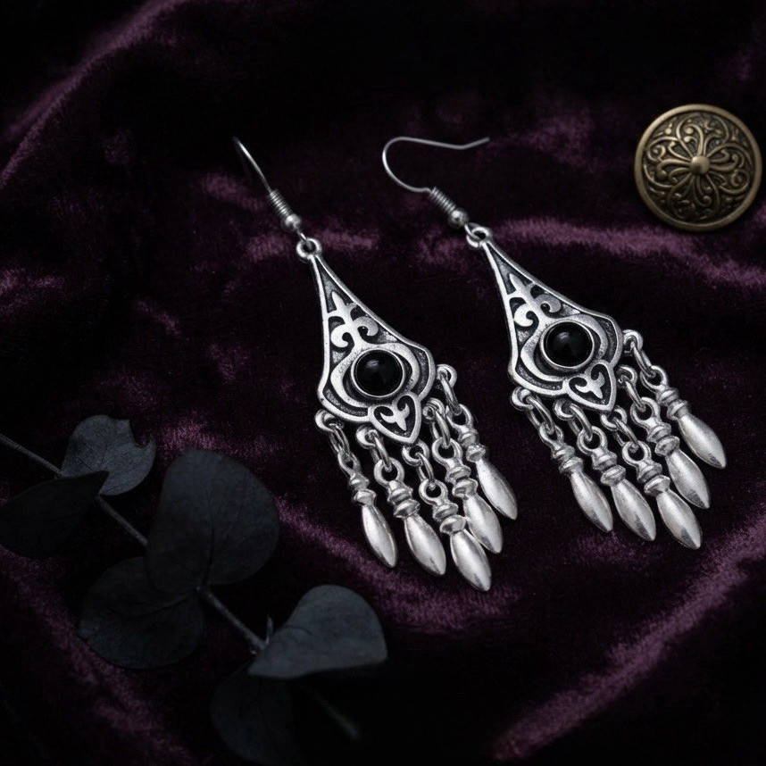 Silver Tone Teardrop Filigree Dangle Drop Hook Earrings Black Round Accent