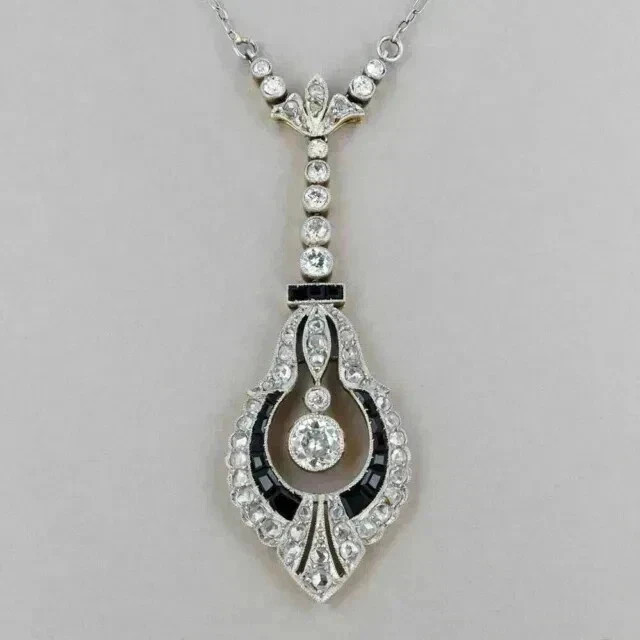 2Ct Real Moissanite Round Cut Art Deco Pendant 14K White Gold Plated 18 Chain
