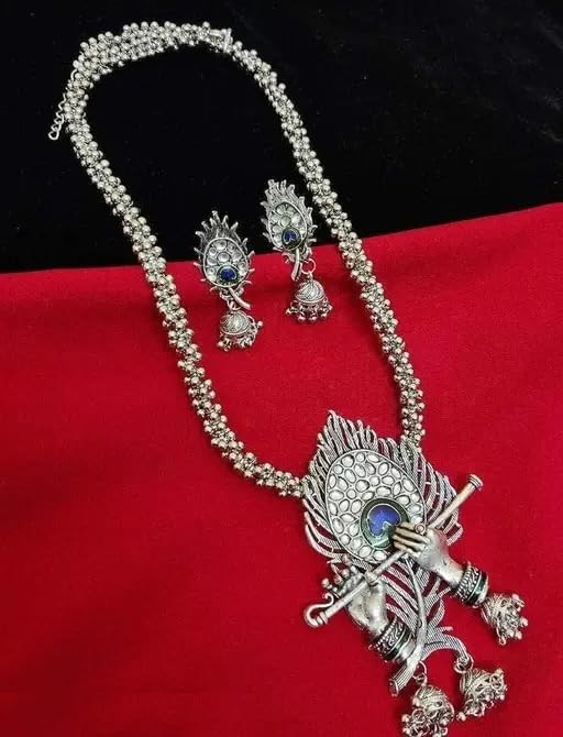 OXIDISED SILVER RADHA KRISHNA NECKLACE SET JHUMKI EARRINGS WOMEN GIRLS JEWELRY