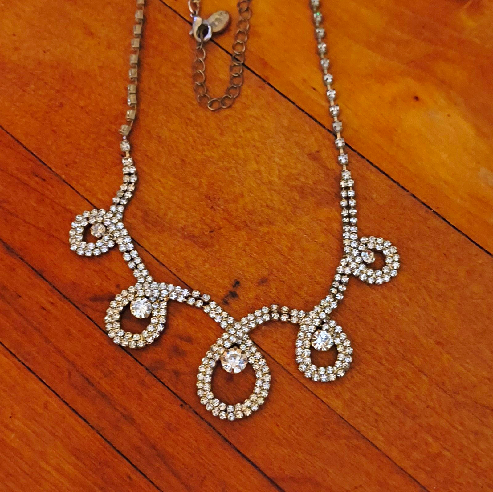 Silver Tone Clear Crystal Rhinestone Statement Necklace Asymmetrical Loop Drop