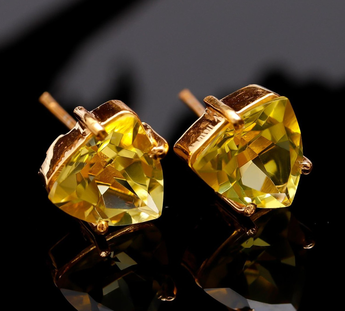 Natural Lemon Quartz Trillion Stud Earring Gold Fill 925 Sterling Silver Jewelry