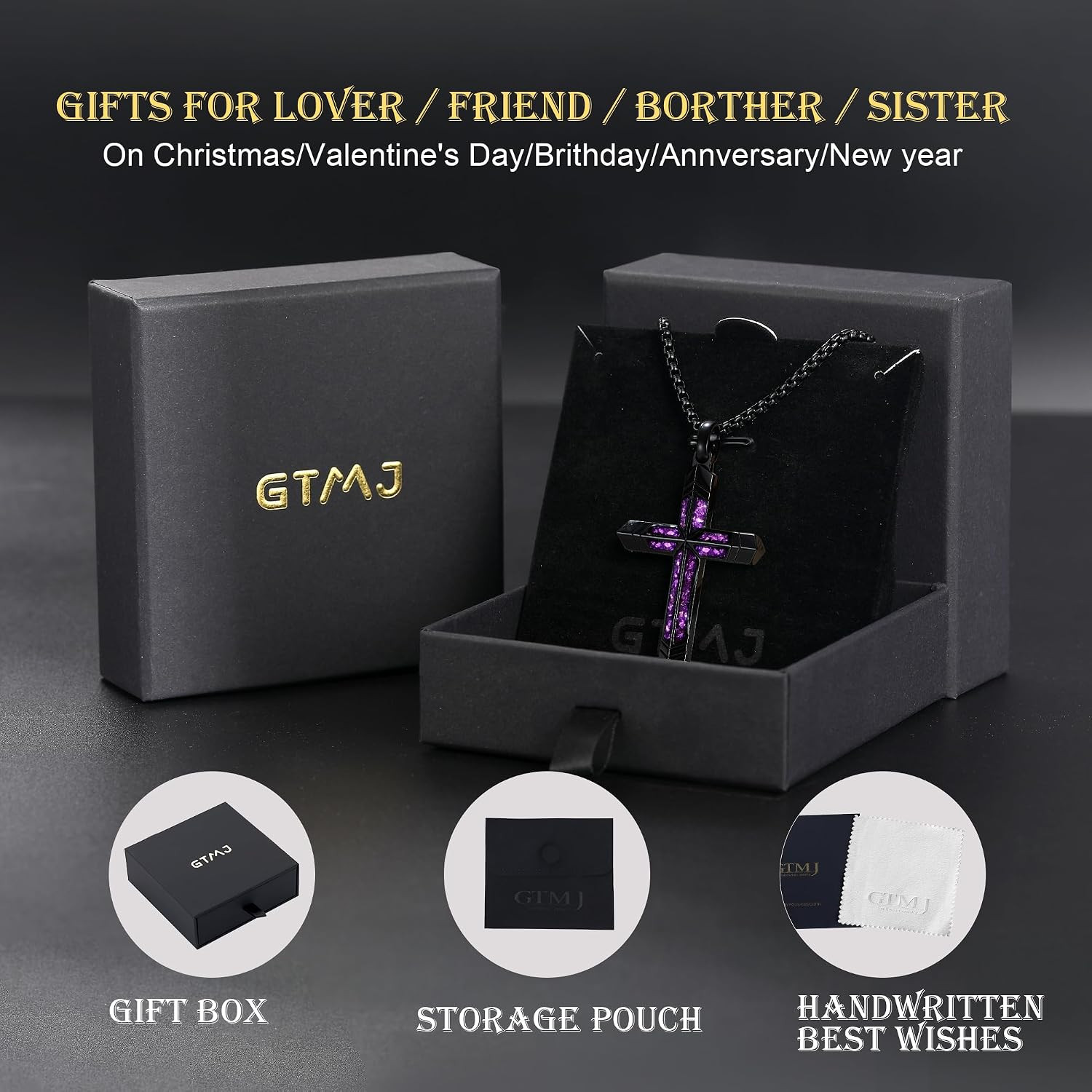 Amethyst Cross Necklace for Men with Adjustable Box Chain for Everyday Wear Chri