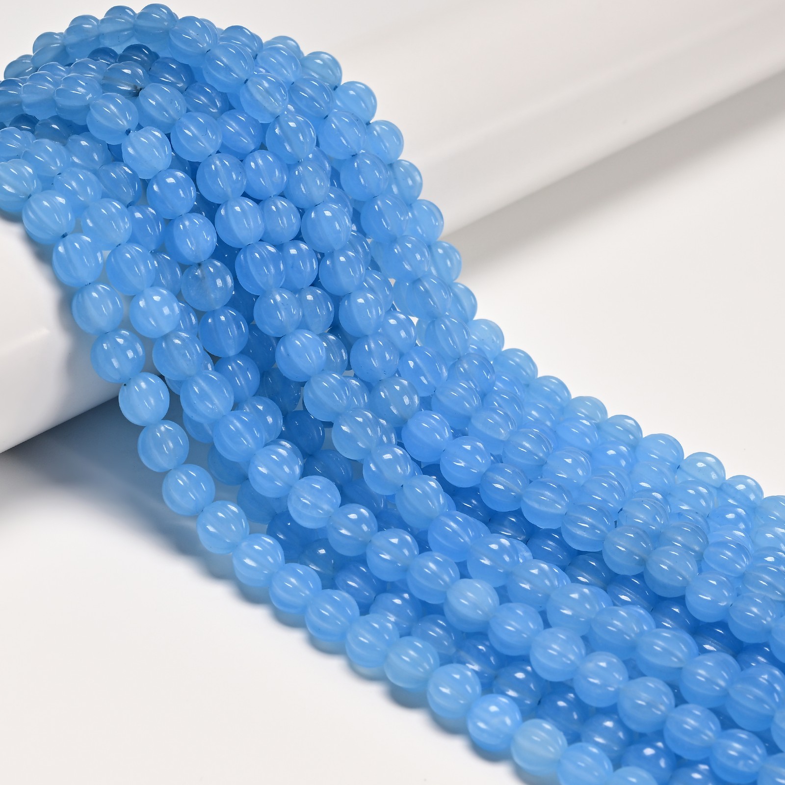 Aquamarine Color Dyed Jade Carved Pumpkin Shape Beads Size 8mm 10mm 15.5″ Strand