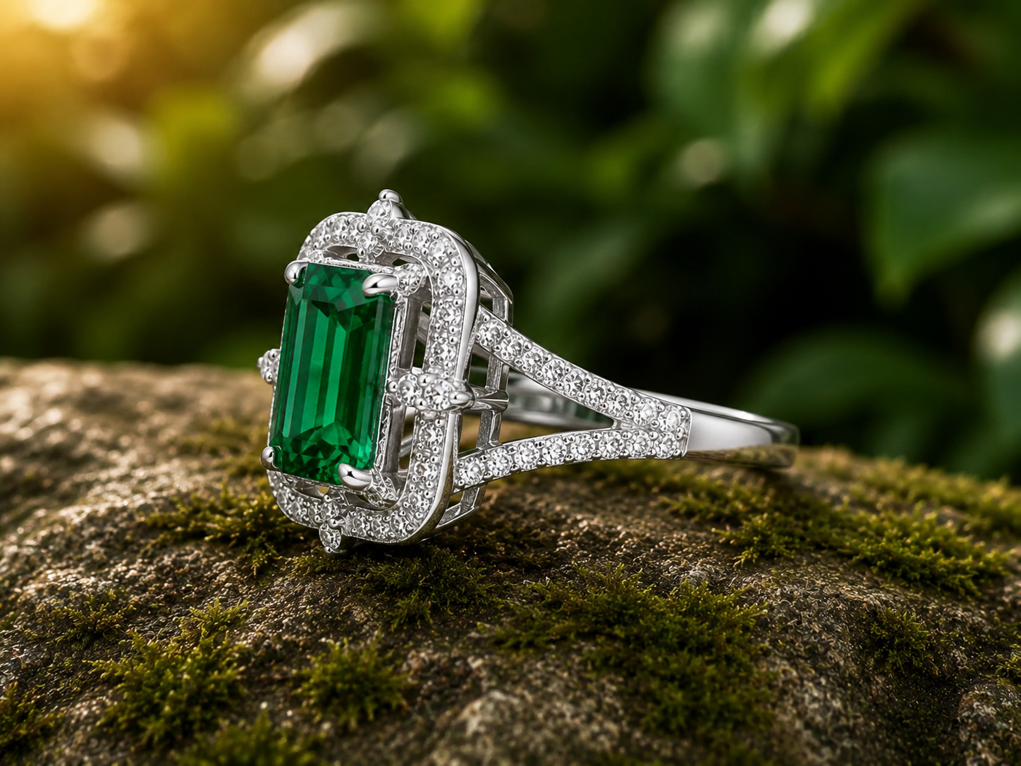 3Ct Emerald Cut Lab Created Green Emerald Halo Engagement 14K White Gold Plated