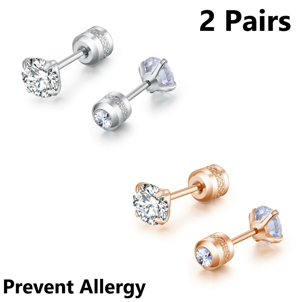 2Pair Silver Stainless Steel Round CZ Earrings Screw Back Ear Stud for Men Women