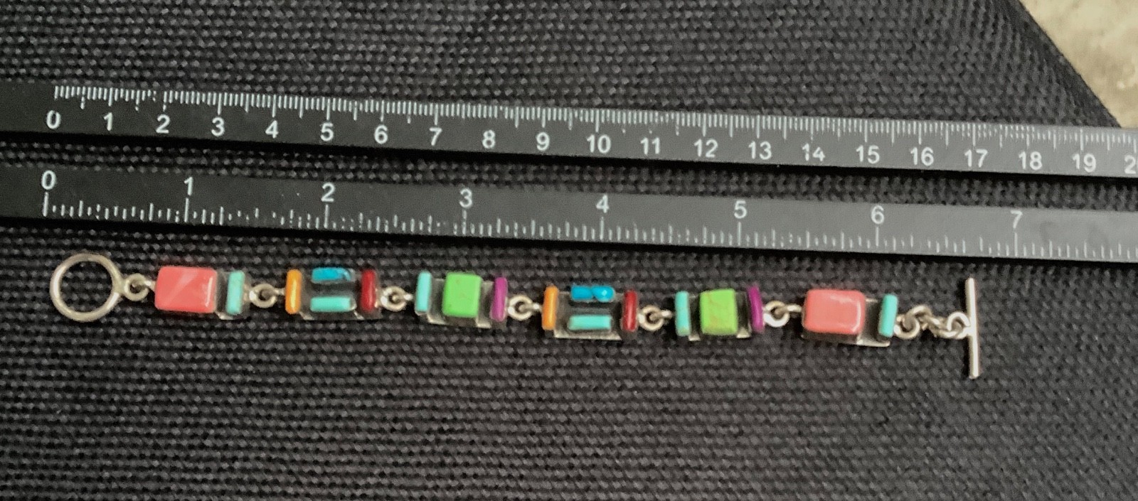 VTG Mexico 925 Inlaid MOSAIC Multi Gemstone Bracelet SZ 6.5 SMALL