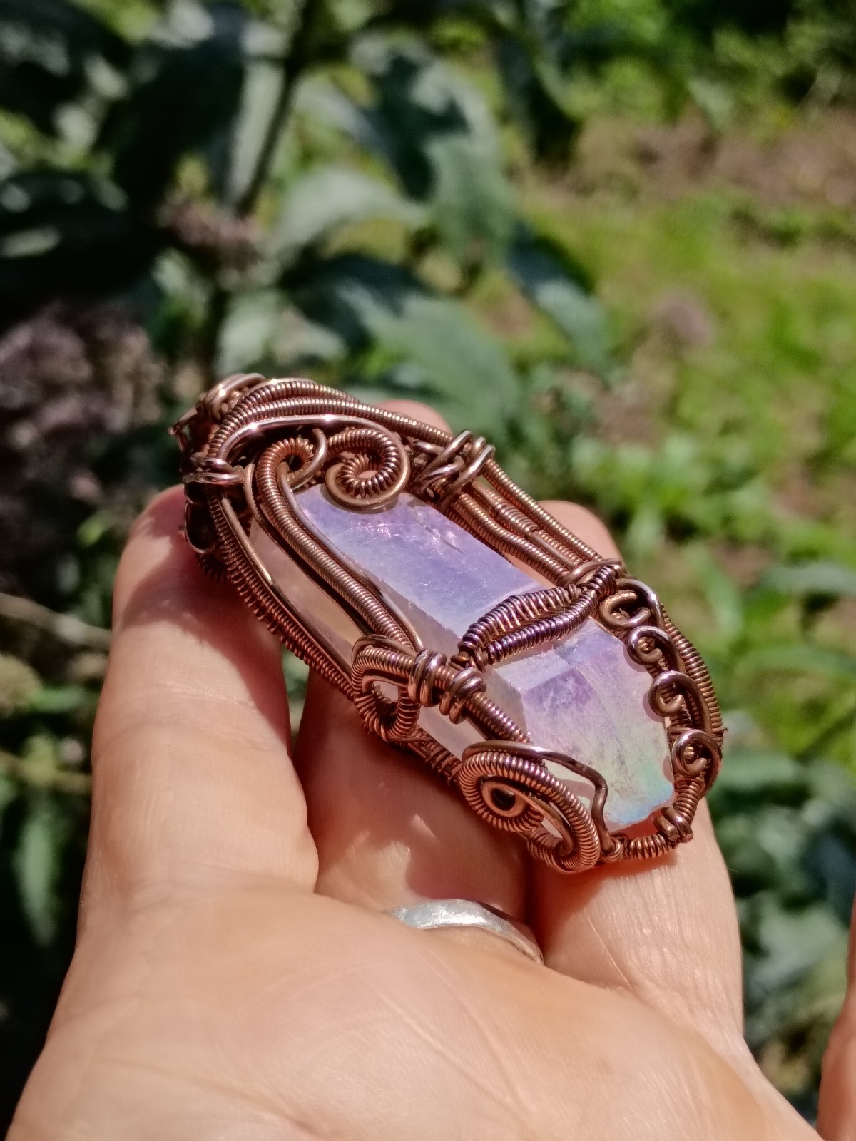 Angel Aura Quartz Crystal Wire Wrap double terminated Copper Pendant Necklace