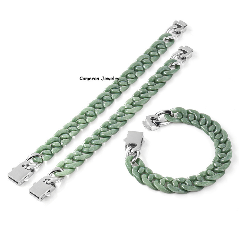 Natural Real Grade A Green Jadeite Jade 4mm Cuban Curb Link Bracelet 7.5-7.9inch