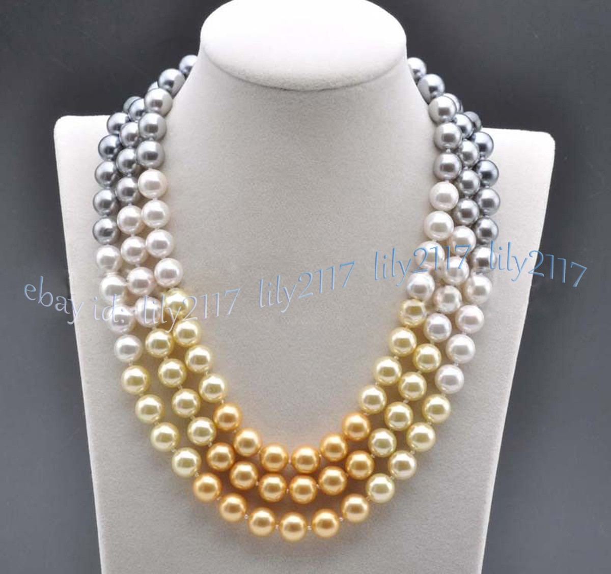 3 Rows Multicolor South Sea Shell Pearl Imitation Pearl Round Beads Necklace