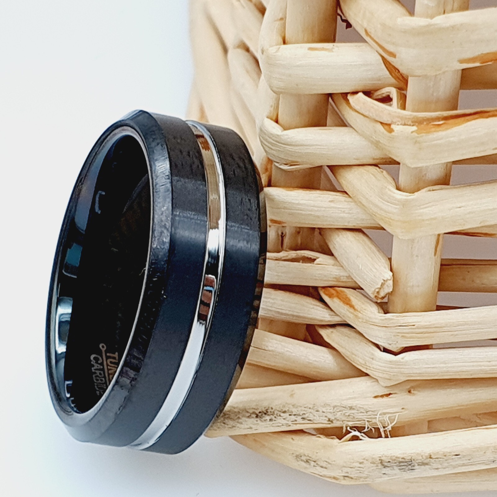 with Polished Silver inlay Men’s Wedding Band 8mm Black Brushed Tungsten Ring