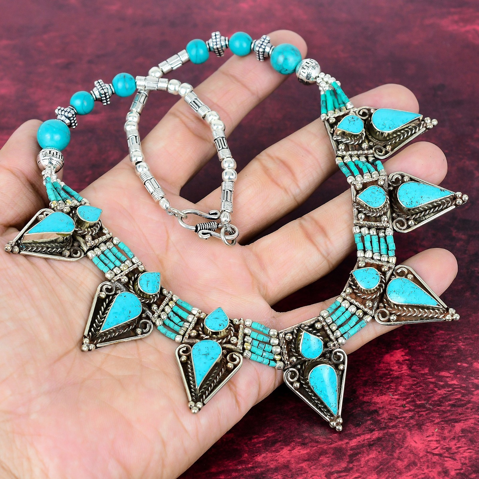 Turquoise Gemstone 925 Sterling Silver Handmade Designer Nepali Jewelry Necklace