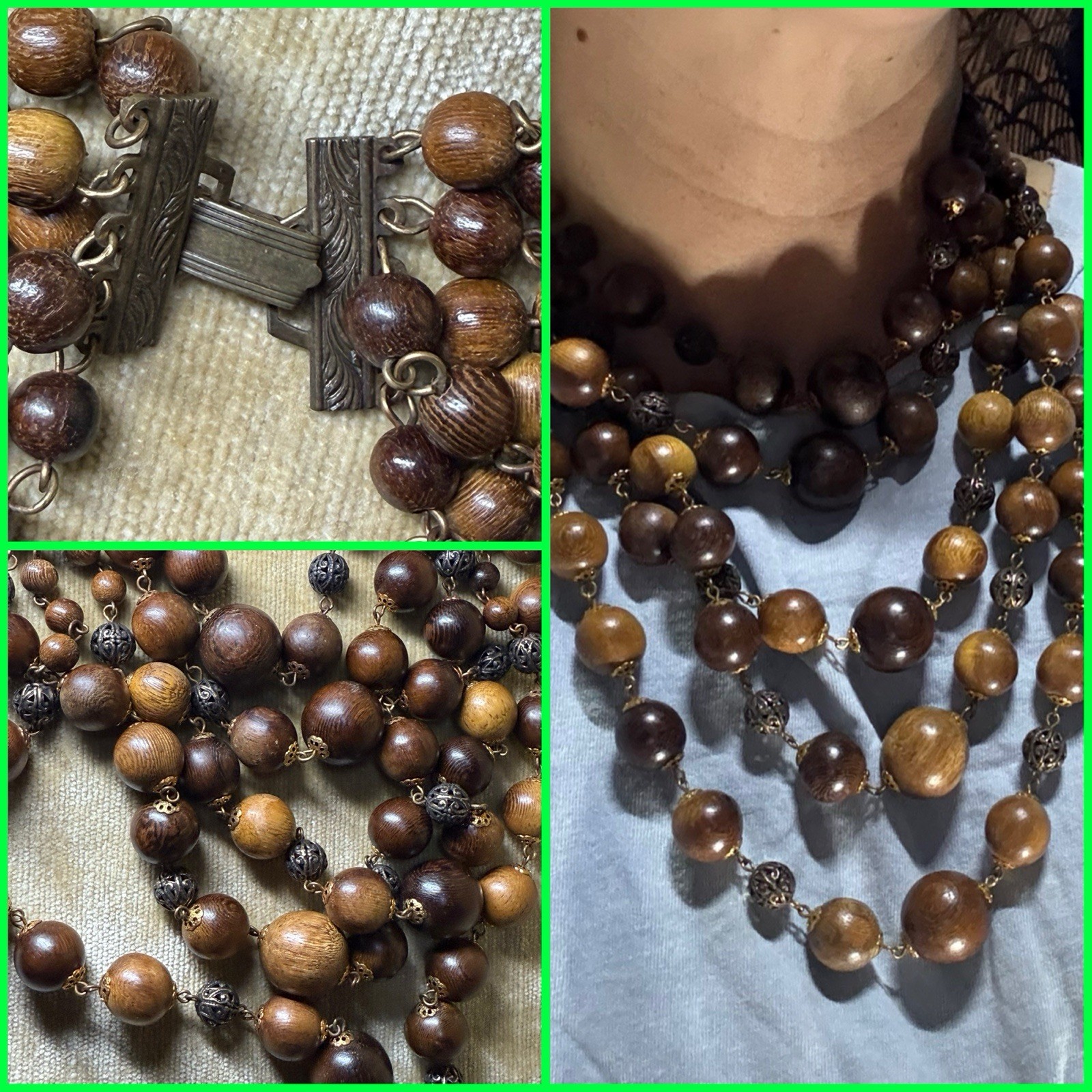 American Vintage Brown Wood and brass Bead Necklace multi strand cascading