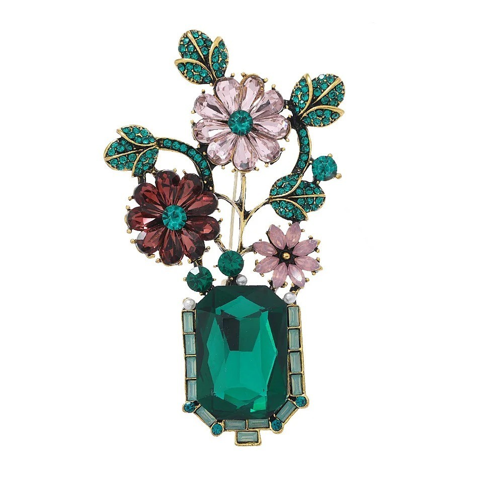 Large Vintage Crystal Rhinestone Flowers in A Green Vase Brooches Pins for Women