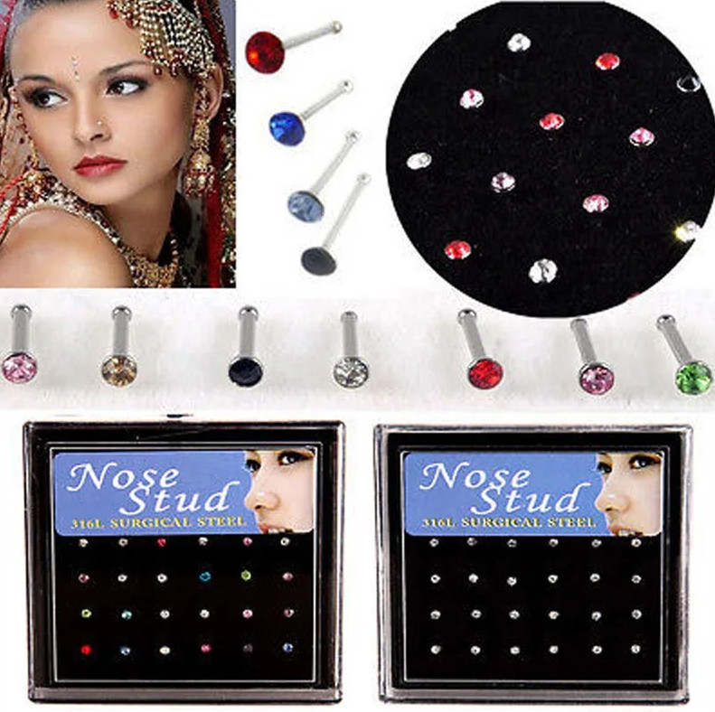 24pcs Crystal Nose Rings & Studs for Women Stainless Steel Piercing Jewelry