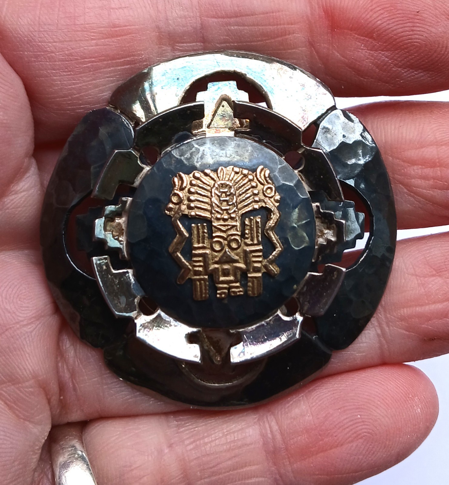 Vintage Peruvian pendant brooch sterling silver 18K gold carat tribal design