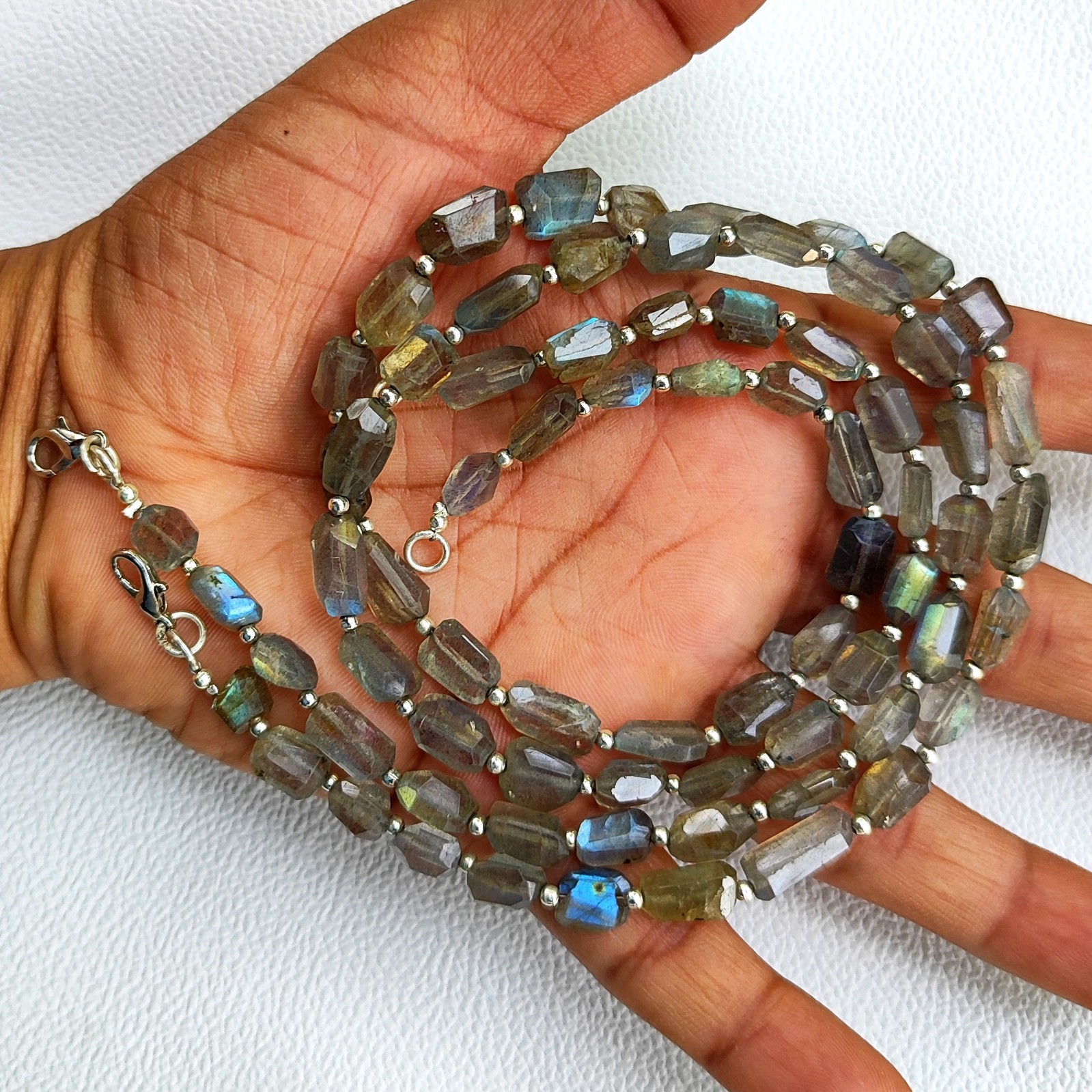 India Rainbow Fire Labradorite 7-11mm Faceted Nugget Beads 17″ Necklace