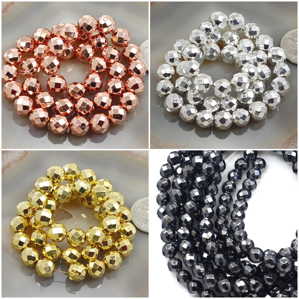 Natural Hematite Faceted Round Bead 15″ Shiny Silver Rose Gold 3mm 4 6 8 10 12mm