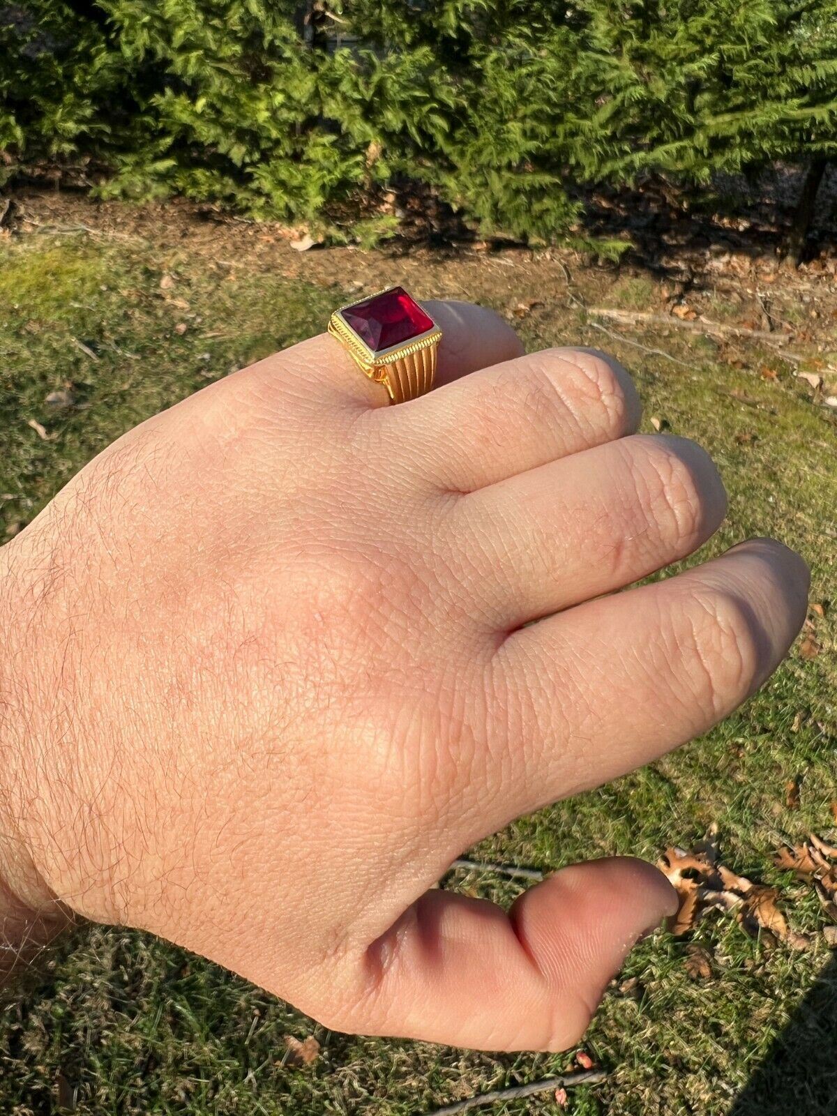 Mens Real 14k Gold Vermeil Over Solid 925 Silver Red Stone Ring Hip Hop Ice