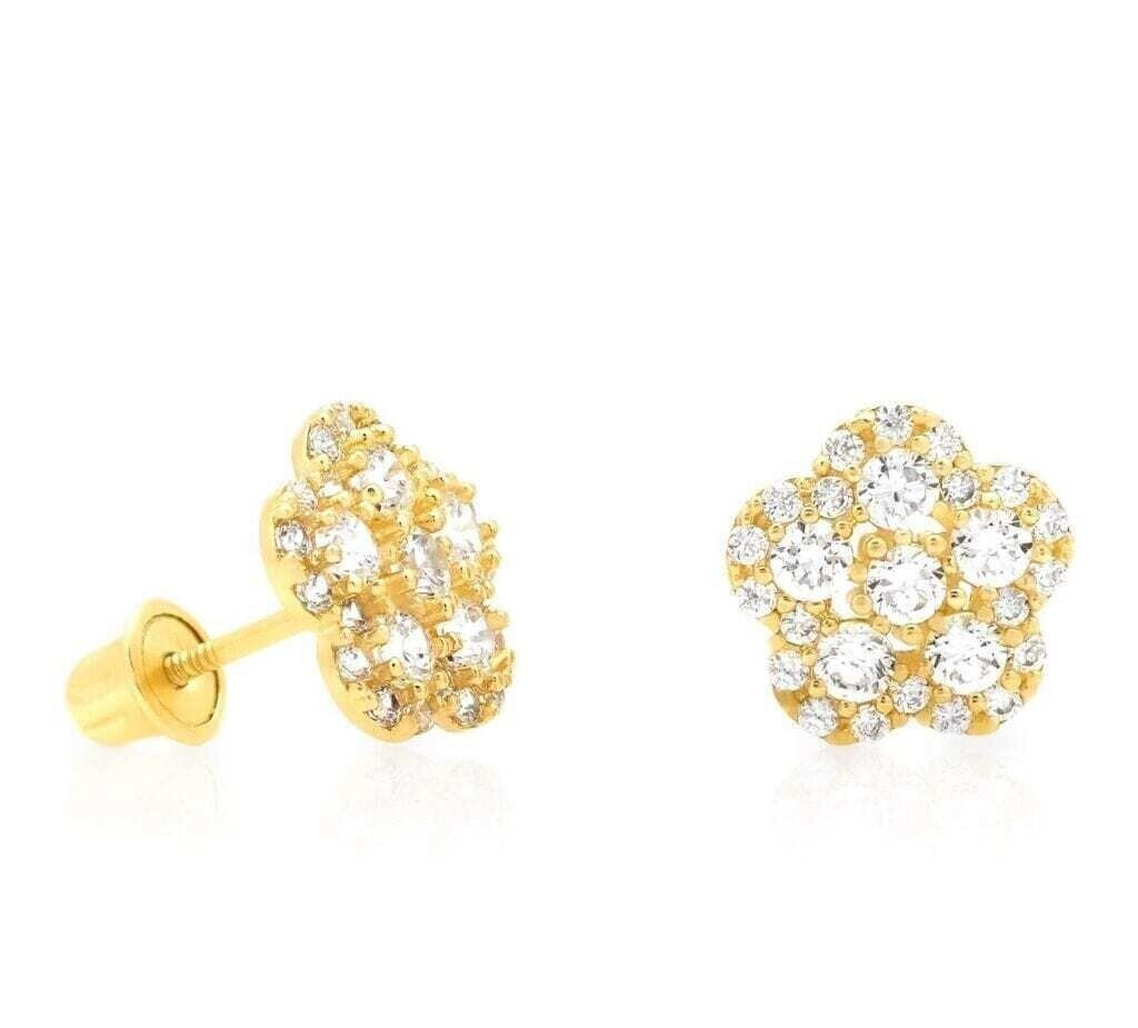 Pretty Flower Fancy Stud Earring Round Simulated Diamond 14k Yellow Gold Plated