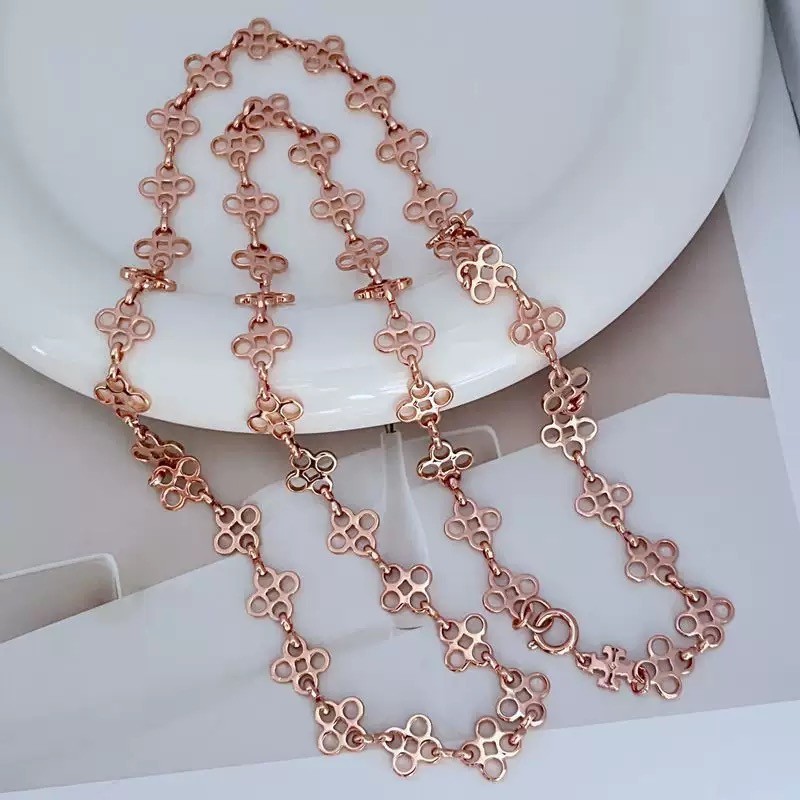 New Tory Logo Rose Gold Tone Long Necklace with Jewelry Pouch Size:83cm