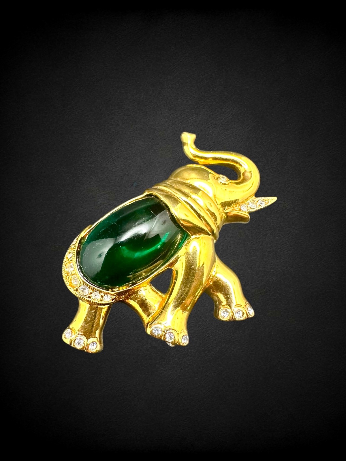 Vintage Marcel Boucher Green Jelly Belly Elephant Brooch Goldtone Rhinestone Pin