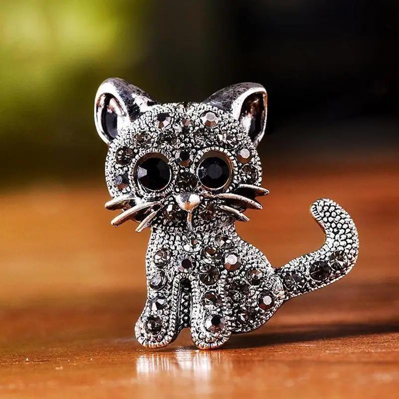 1pcs Cute Rhinestone Cat Brooch Pin, Alloy Enamel Animal Brooch for Women
