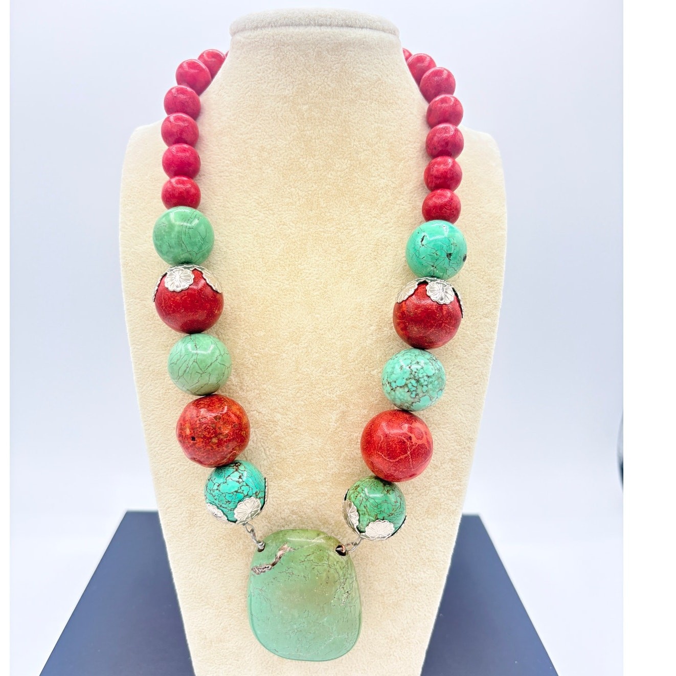 Chunky Coral & Turquoise Color Statement Necklace w Large Green Stone Pendant