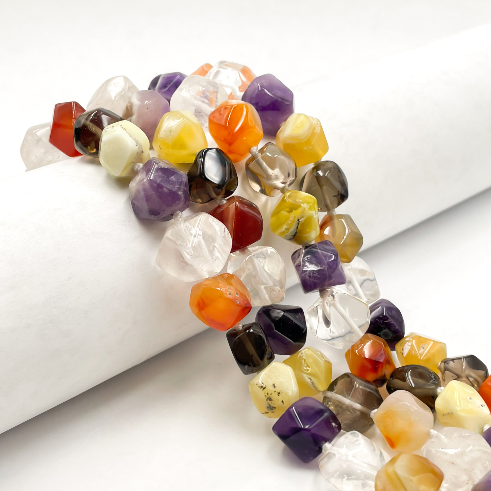Natural Mixed Gemstone Smooth Faceted Nugget Chunks Approx. 10-15mm 64″ Strand