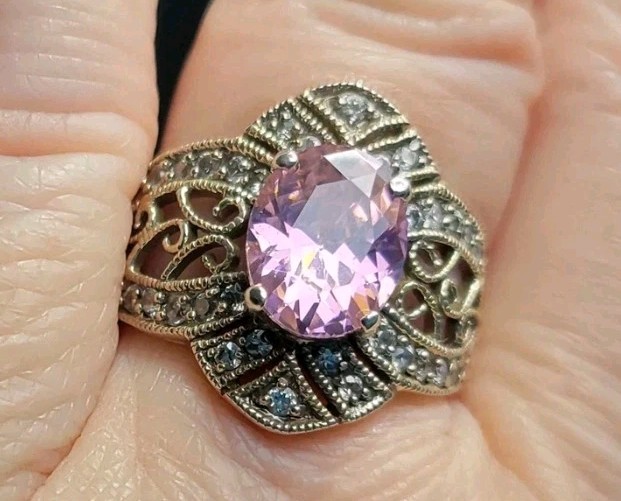🌸4 Ct Light Cotton Candy Pink & White CZ ? 925 S/S Filigre Ring Sz 7 Marked BBJ