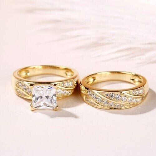Princess Cut Simulated Diamond Stunning Bridal Set Ring 14k Yellow Gold Plated
