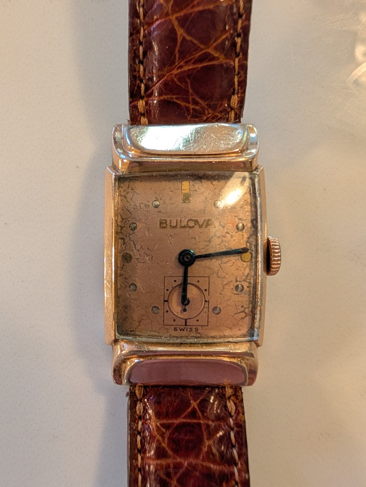 Bulova Squadron B 14k GF Men’s Manual Wind Running Tropical Dial on Crocodile