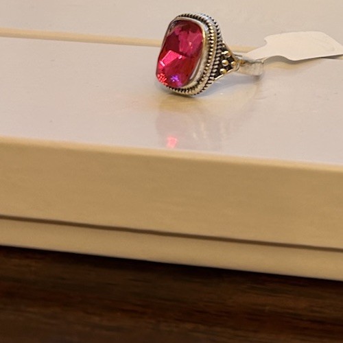 Size 7.5 Silver Tone And Ruby Red CZ Ring No Mark Solitaire Stone
