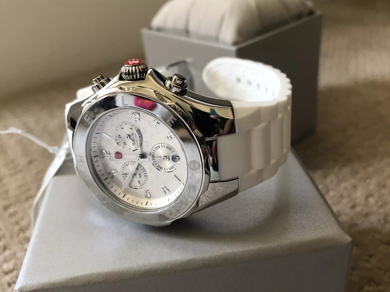 New in box Michele Jelly Bean Silver White Watch MWW12F000090 Retail $450