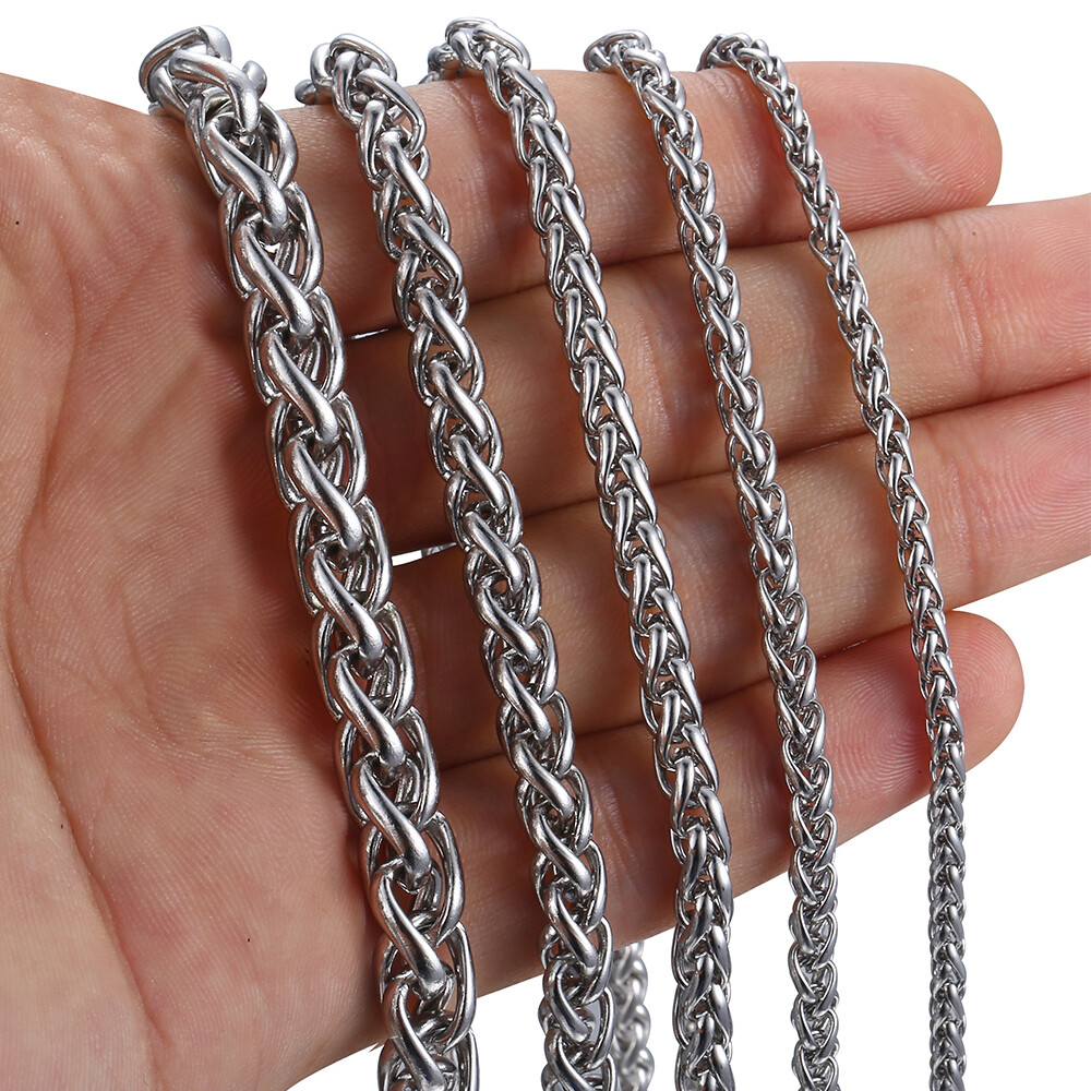 3/4/5/6/8mm Unisex Wheat Spiga Chain Stainless Steel Necklace Gold/Silver Men