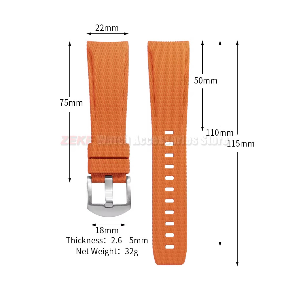 Curved End FKM Rubber Watch Strap 20mm 21mm 22mm Military Sport Band